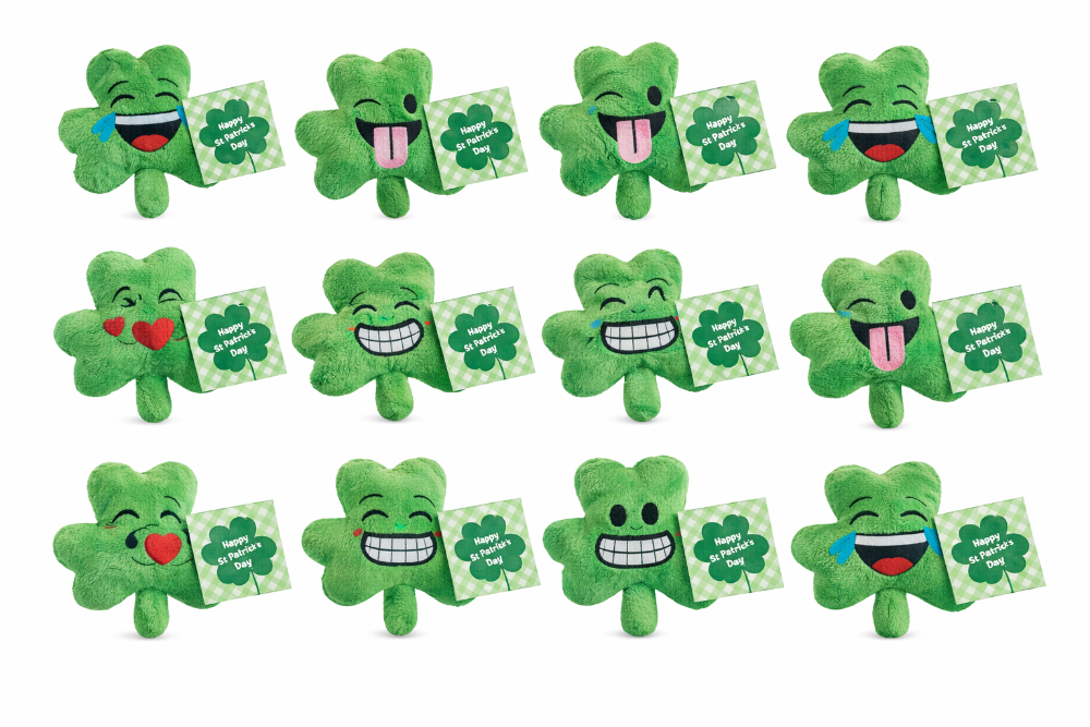 Set of green shamrock-shaped plush toys with various facial expressions and small signs on a white background.