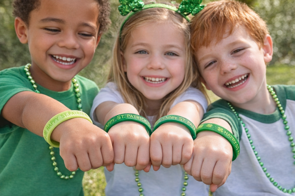 Three children wearing green accessories, including beads and headbands, standing close together outdoors.