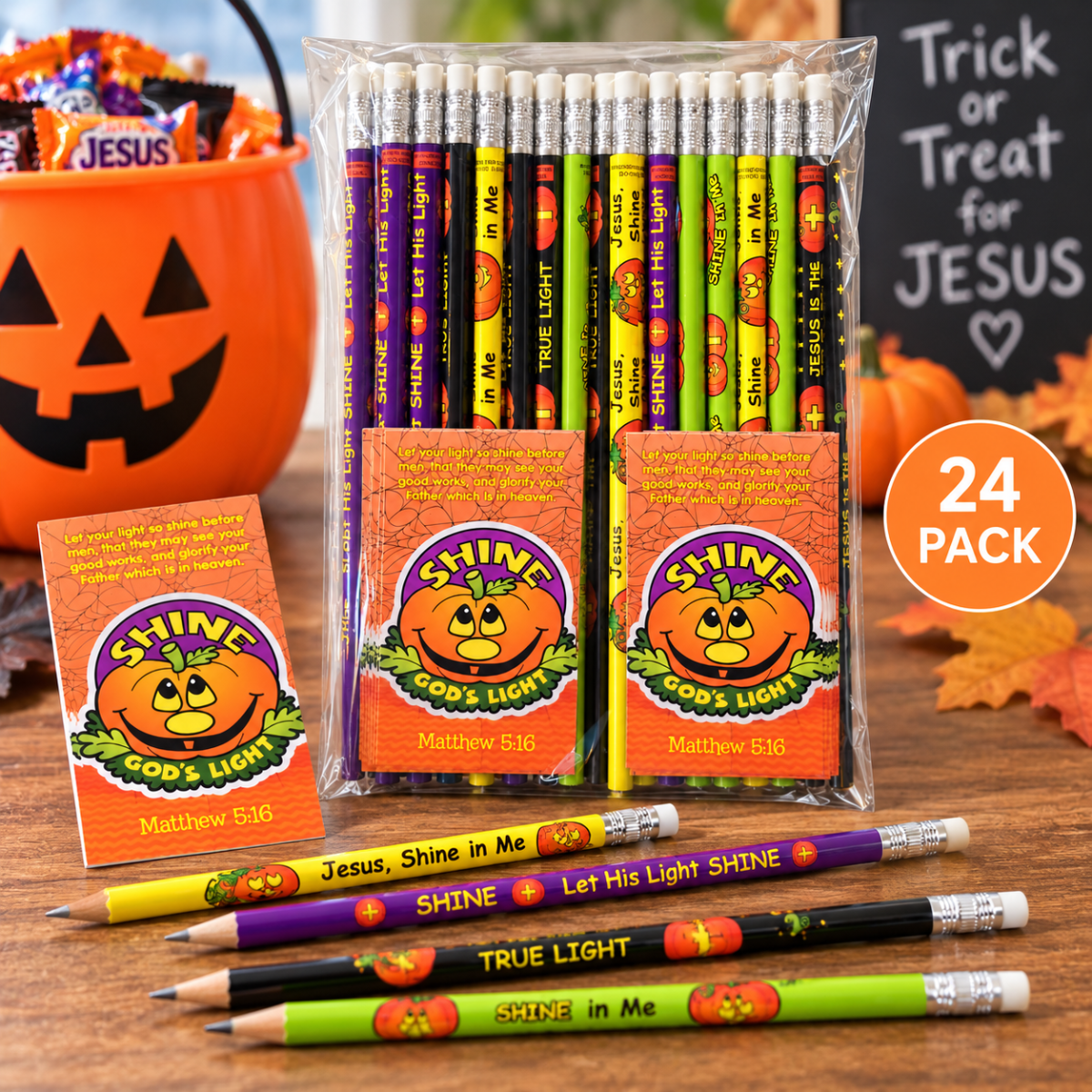 shine God's light trunk or treat handouts for teachers and churches. Christian pumpkin theme pencils and prayer cards.