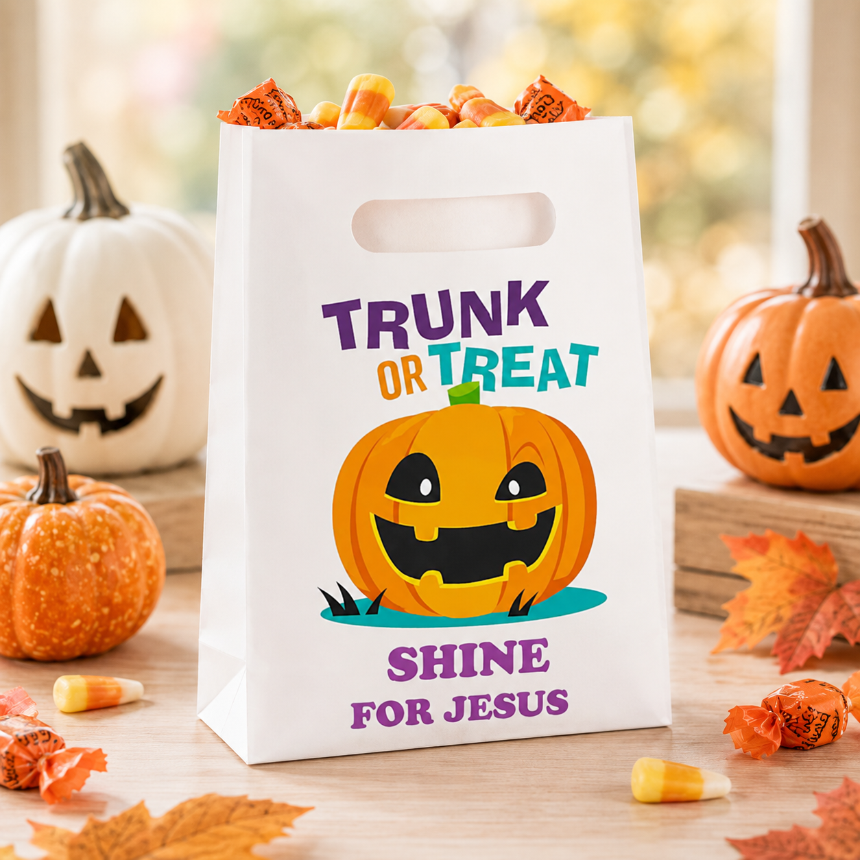 A white Halloween trunk or treat bag with a printed jack-o'-lantern and the text 'TRUNK OR TREAT' and 'SHINE FOR JESUS,' filled with candy corn, set on a tabletop with pumpkins and autumn leaves in the background.