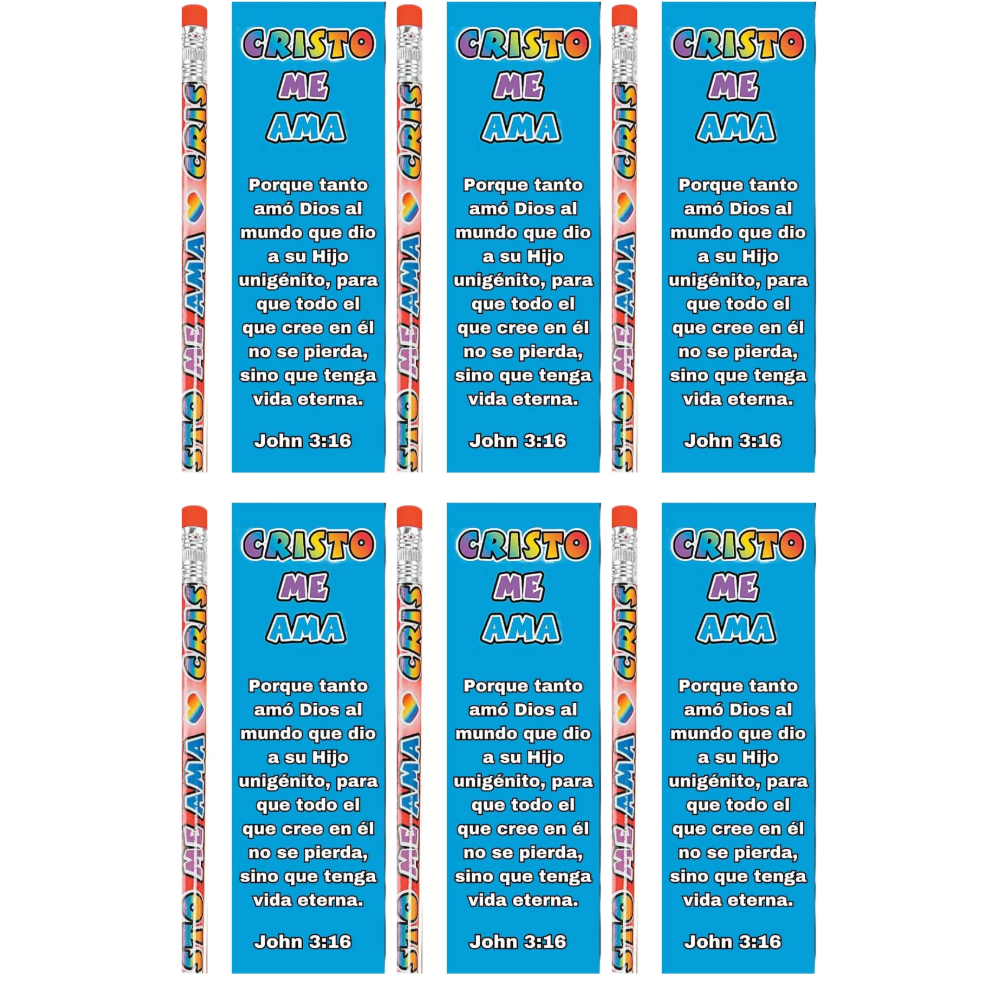 Set of pencils with blue bookmarks featuring Spanish text and 'Cristo Me AMA' on a white background.