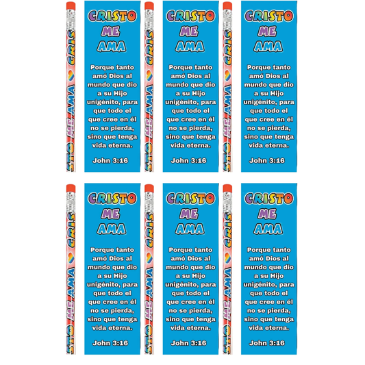 Set of pencils with blue bookmarks featuring Spanish text and 'Cristo Me AMA' on a white background.