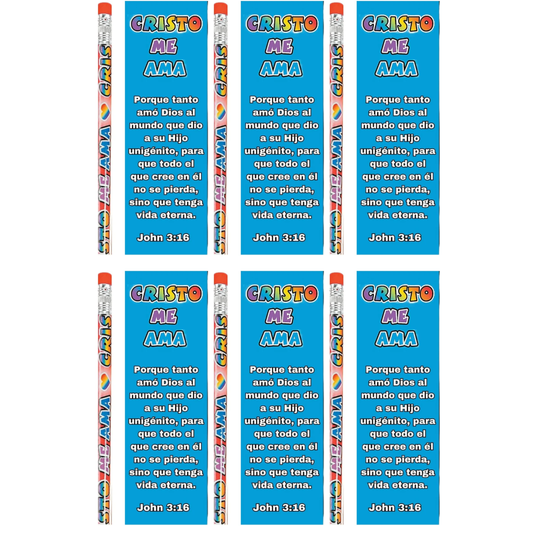 Set of pencils with blue bookmarks featuring Spanish text and 'Cristo Me AMA' on a white background.