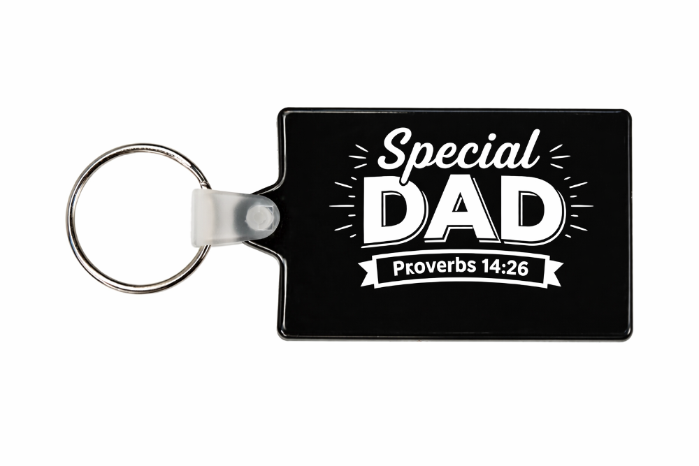 Keychain with 'Special Dad Proverbs 14:26' text on a white background