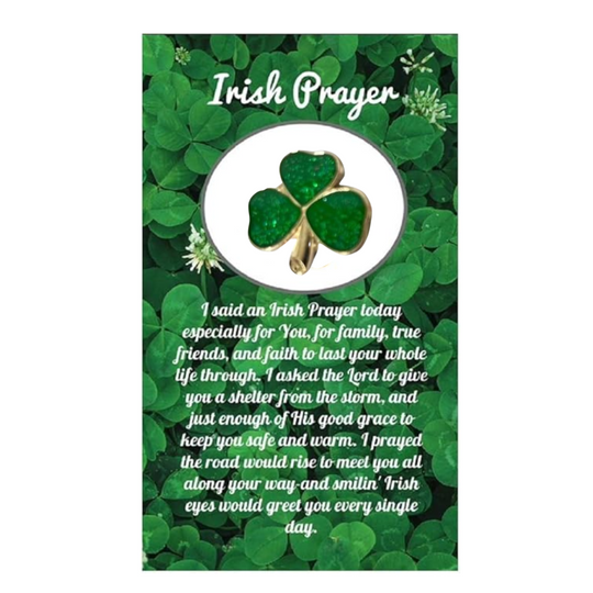 Card with shamrock design and Irish prayer text on a green leafy background