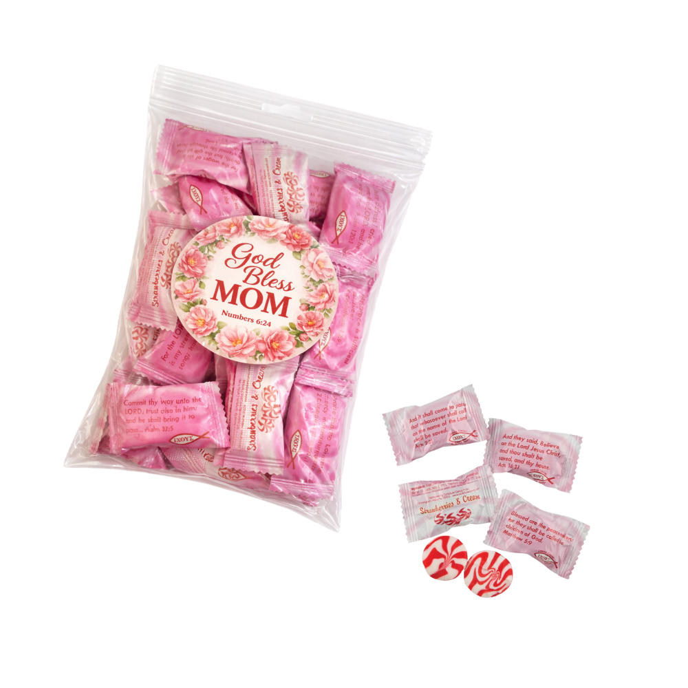 Packaged pink candies with a 'God Bless Mom' label on a white background