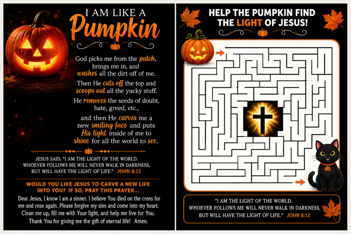 I am like a pumpkin gospel tract featuring a pumpkin carving mystery maze. The left panel shows a carved jack-o'-lantern, the text 'I AM LIKE A Pumpkin,' and a prayer with John 8:12.