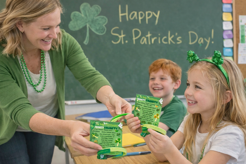 A smiling teacher hands out shamrock bracelets to excited students, creating a fun and faith-filled St. Patrick’s Day classroom moment.