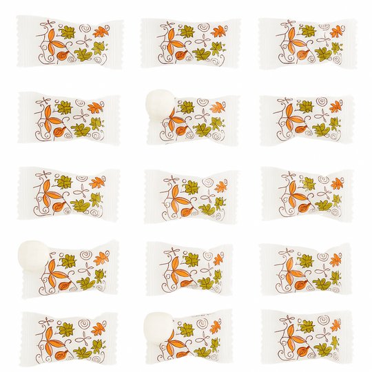 Patterned envelopes with autumn leaf designs on a white background, thanksgiving candy