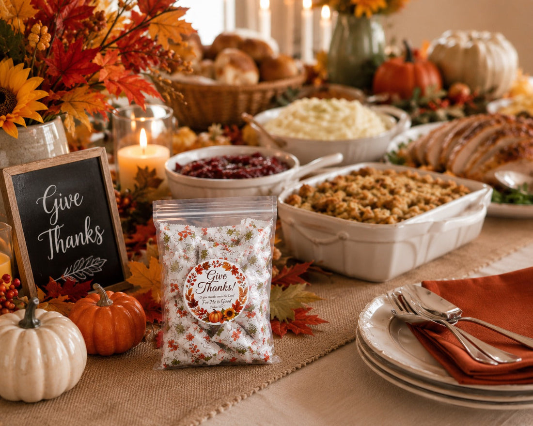 A bag of 'Give Thanks' butter mints thanksgiving candy buffet