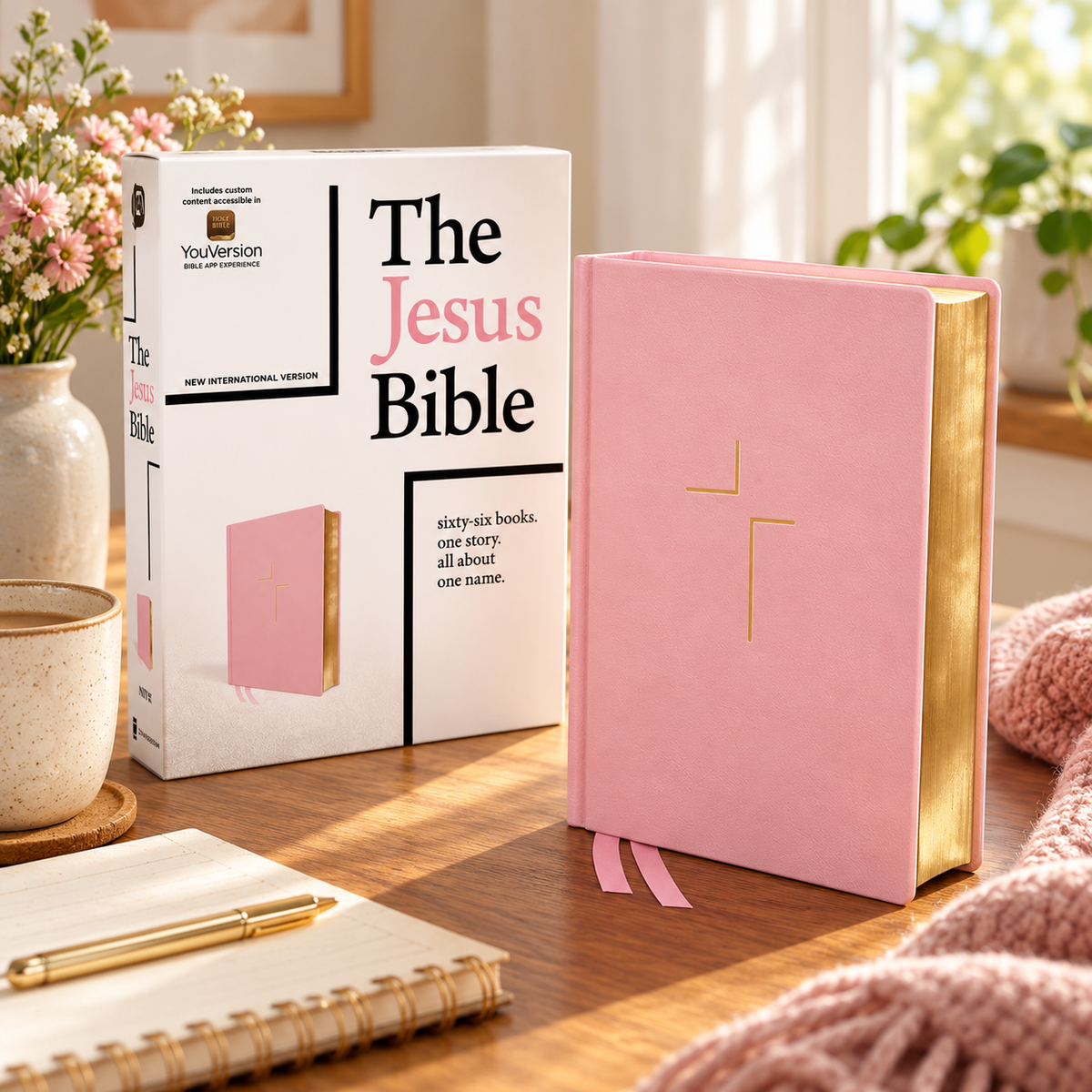 The Jesus Bible NIV pink Leathersoft hardcover displayed beside its matching retail box in a cozy devotional setting with coffee, flowers, and a journal.