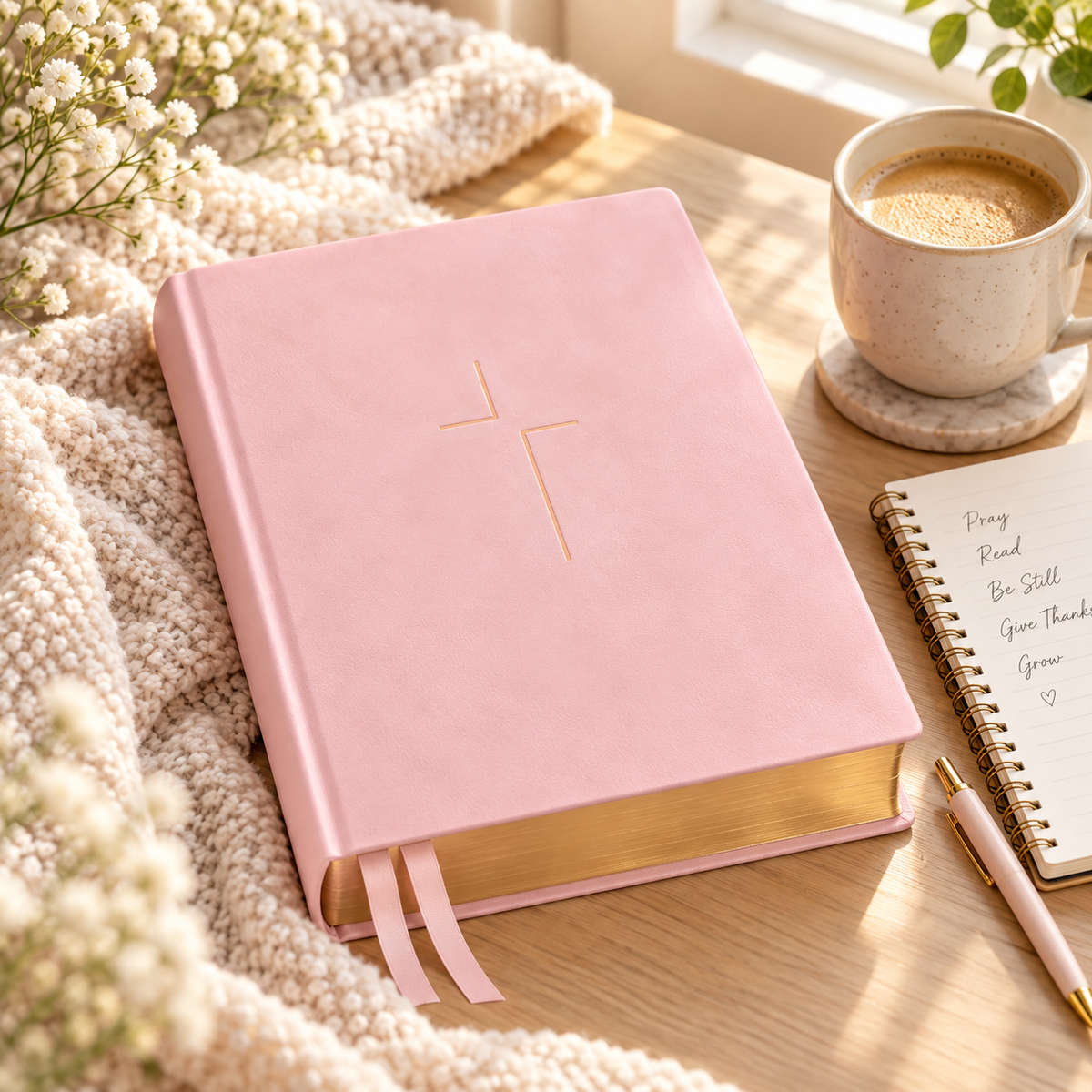 Pink Jesus Bible NIV hardcover with gold page edges on a cozy wooden table beside coffee, flowers, and a prayer journal.