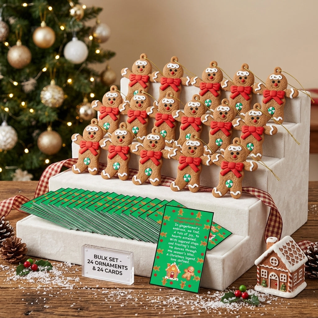 Complete set of twenty-four 3-inch gingerbread character ornaments arranged neatly with festive matching cards.