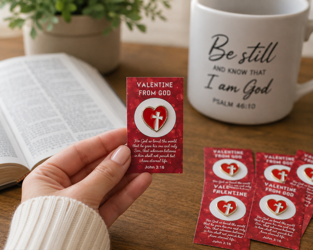 Valentine From God John 3:16 heart cross enamel lapel pin on a 3.5-inch Scripture card held in a person's hand.