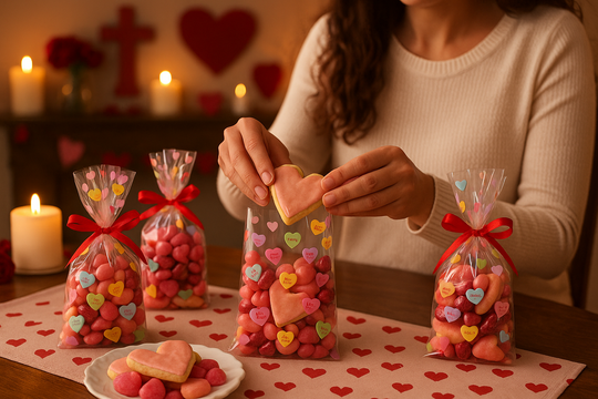 Person packaging heart-shaped cookies into clear bags with colorful candies on a festive table.