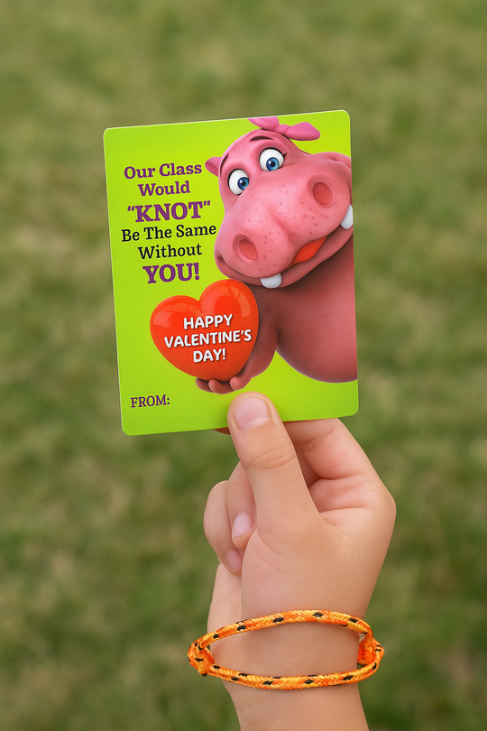 Valentine's Day card with a cartoon pig and text held by a hand wearing an orange bracelet against a green background.