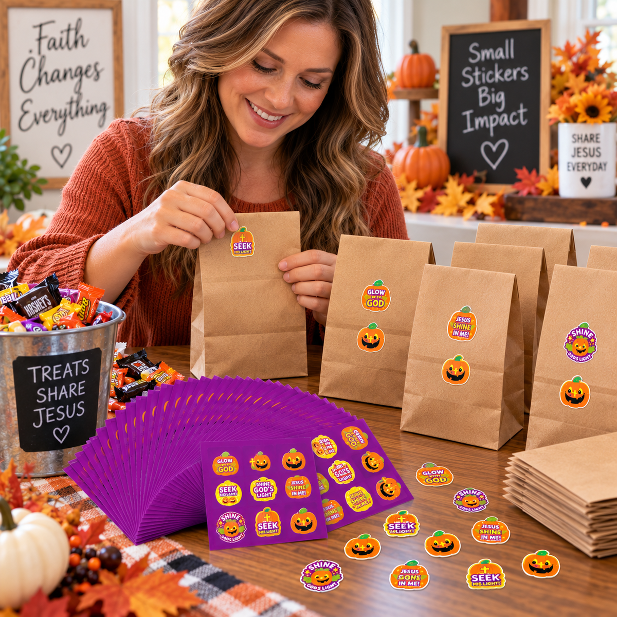 Christian pumpkin treat stickers for Halloween candy