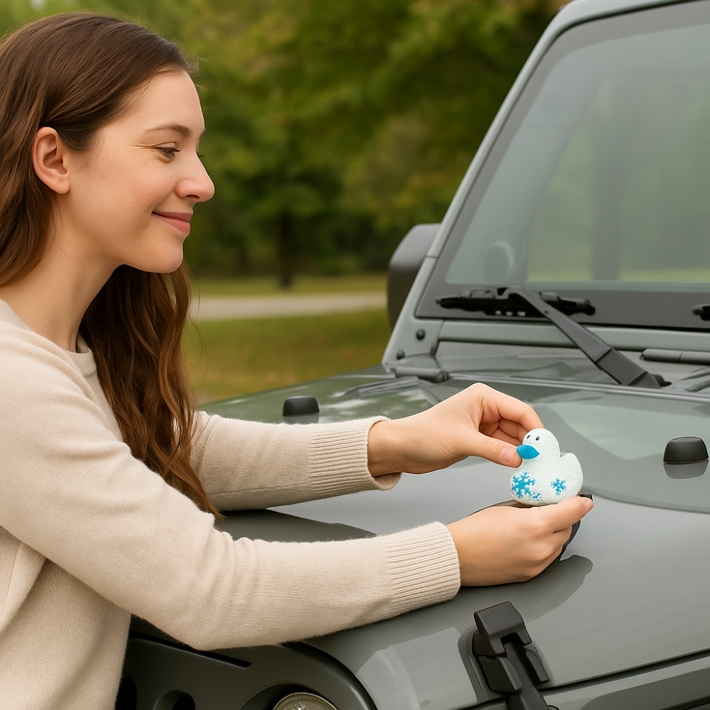 Woman putting Christmas duck on windshield of jeep