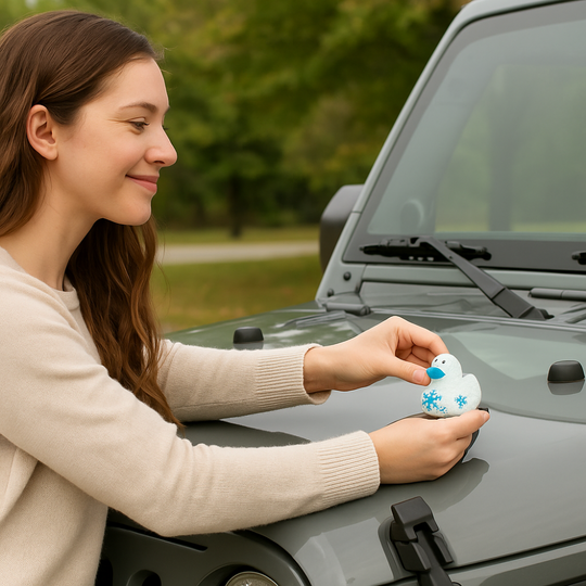 Woman putting Christmas duck on windshield of jeep