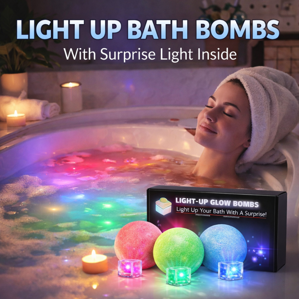 Woman in a bathtub with light-up bath bombs and a box of light-up glow bombs.
