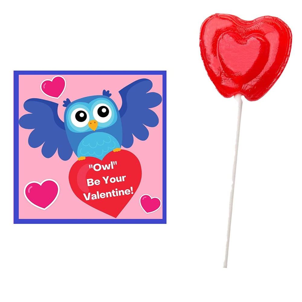 A pack of cherry flavored sweet heart lollipops with Valentine's Day owl exchange cards, showing an owl with a red heart and pink background.