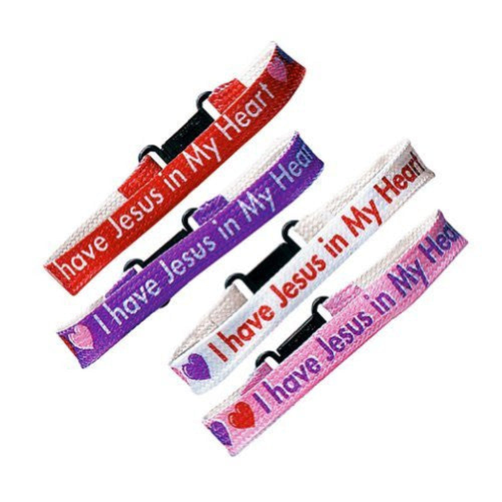 A set of three friendship bracelets in red, pink, and purple colors with 'Jesus in my heart' text and a heart symbol.