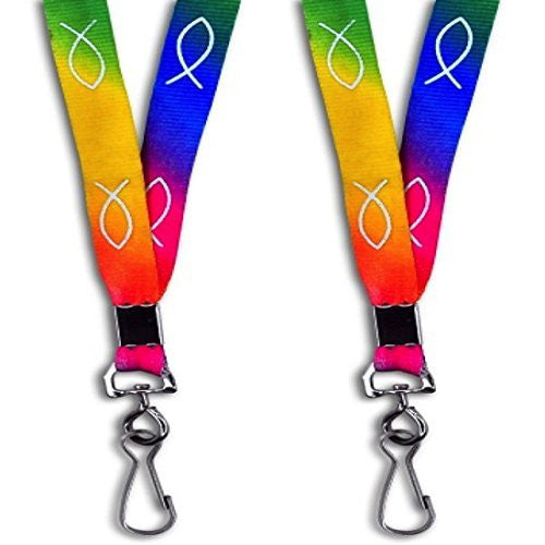 Dozen 32" Rainbow Colored Jesus Fish Symbol Lanyards Badge holders