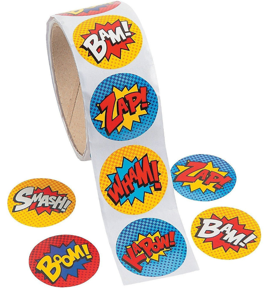 Rolls of colorful superhero comic book stickers with words Wham, Pow, Bam, and Zap