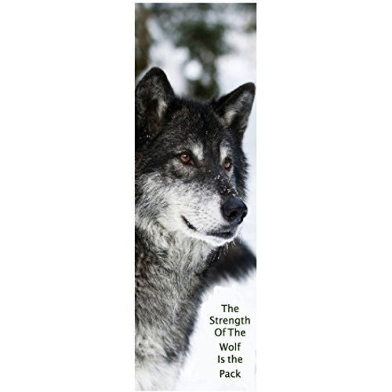 Inspirational grey wolf bookmark with quote "The strength of the wolf lies within the pack" – 6x2 inch glossy cardstock design