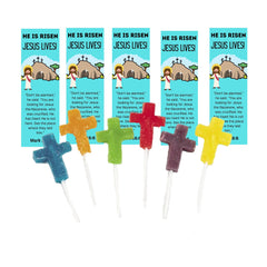 24 Sets of Mini Cross Shaped Lollipops with He is Risen Jesus Lives Easter Bookmarks