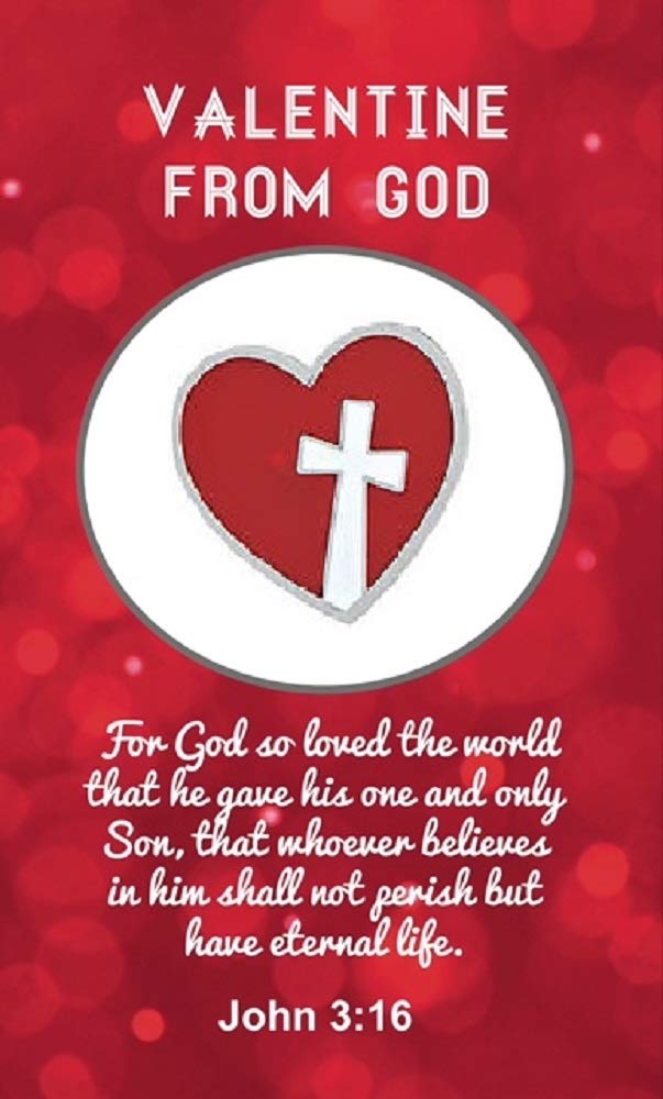 Valentine from God Heart with Cross Lapel Pin On Card, John 3:16, 12 Count, Bulk