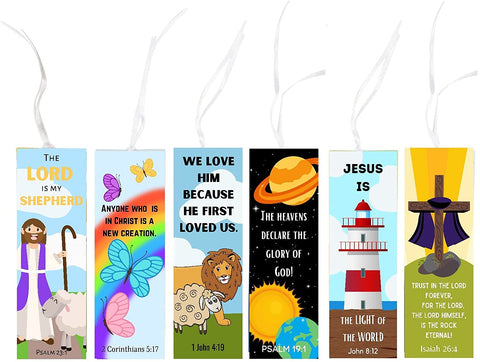 72 Count of Christian Bookmarks Bulk Bible Verse Quotes, 6 Different Scripture Designs for Kids