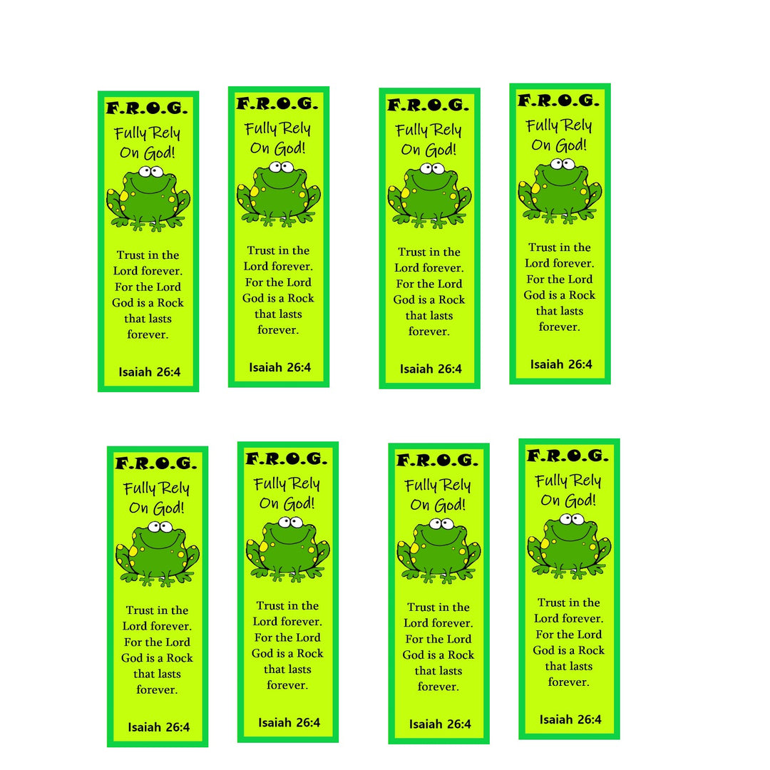 50 Bright Green Fully Rely On God Frog F.R.O.G. Bible Verse Christian Bookmarks for Kids