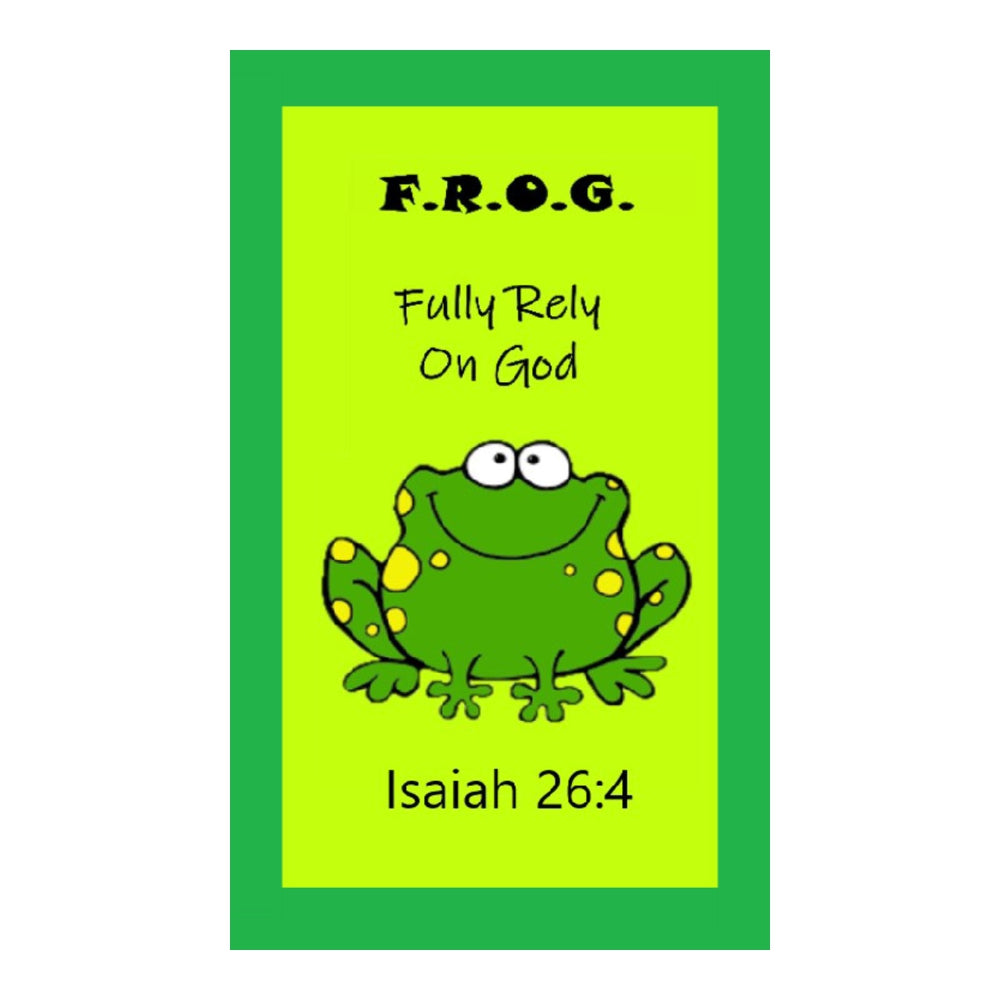 Bright green Christian pocket prayer card featuring a smiling cartoon frog with the words F.R.O.G. – Fully Rely On God and Bible verse Isaiah 26:4.