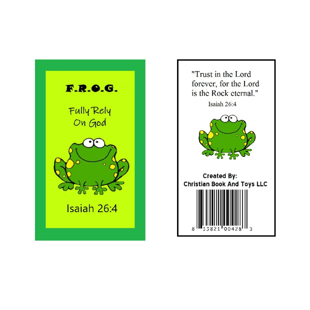 Back of a Bright green Christian pocket prayer card featuring a smiling cartoon frog with the words F.R.O.G. – Fully Rely On God and Bible verse Isaiah 26:4.