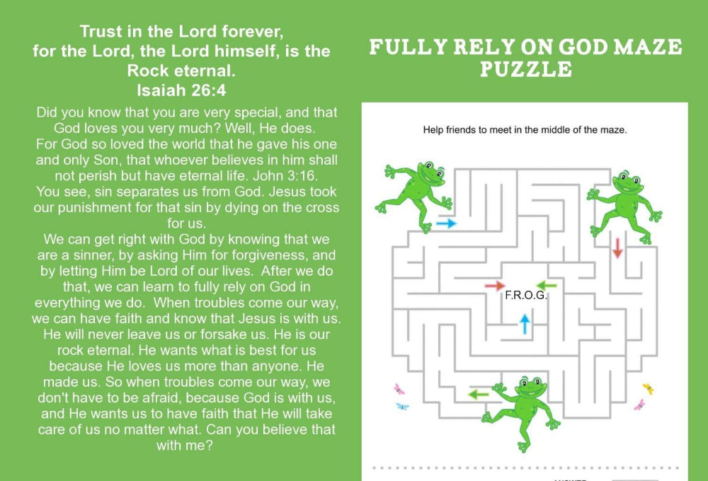 fully rely on God gospel tracts with maze puzzle activity and salvation prayer on it. 100 count.