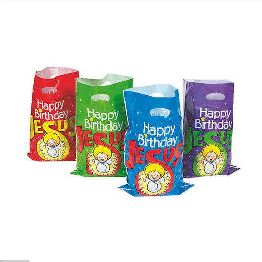 50 Bulk Plastic “Happy Birthday Jesus” 17" Red Green Blue Purple Christmas Jesus In Manger Goody Bags