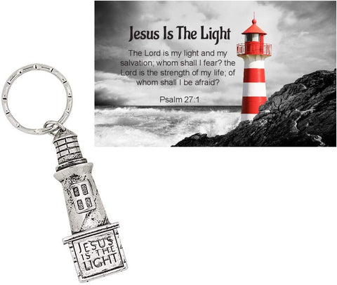 Jesus Is The Light Pewter Lighthouse keychains with Prayer Cards (12 Count)