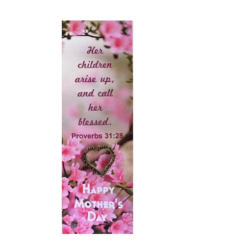 Pink Flowers Happy Mother's Day Bookmark With Heart Pin - 1 Pack