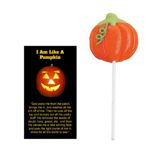 A Halloween-themed pocket card with a pumpkin design and a pumpkin lollipop on a stick, alongside a postcard-sized version of the same design.