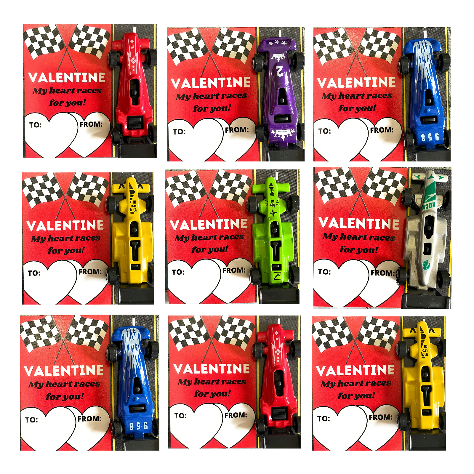25 My Heart Races For You Valentine Exchange Cards With Metal Cars For Classroom for Kids Party Favor, Classroom Exchange
