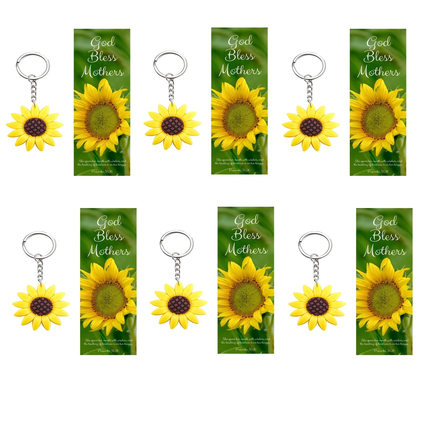 12 Sets of God Bless Mothers Bookmarks with Sunflower Keychains