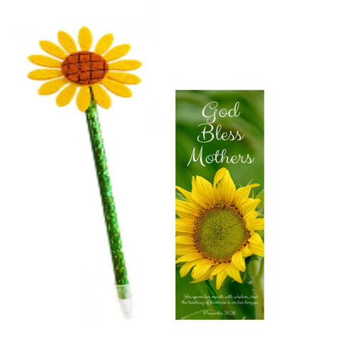 Set of 10 Bulk Pack God Bless Mothers Sunflower Pens with Bookmarks for Mother's Day Gifts Proverbs 31 26 Mother's Day Gifts for Churches Christian Mother's Day Gift for Women Handouts